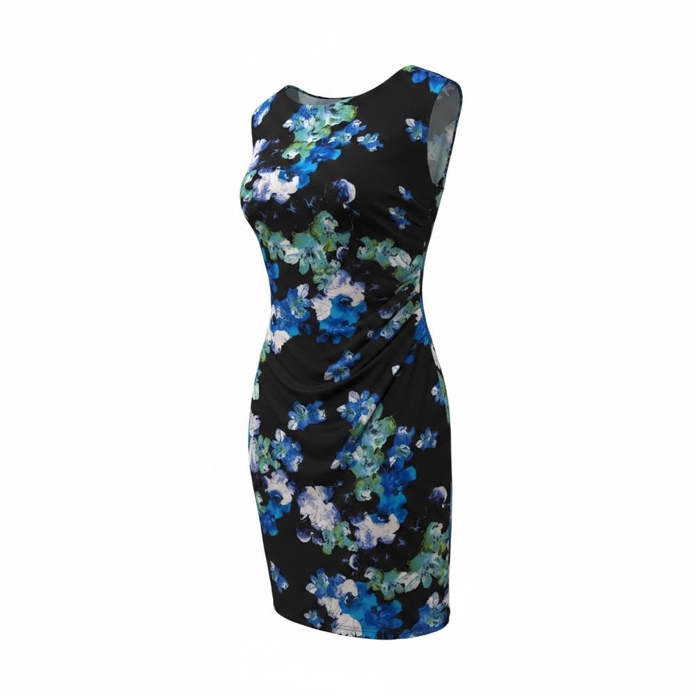 Lauren Ralph Lauren Blue Floral Ruched Sheath Dress Size 12 Sleeveless Jersey